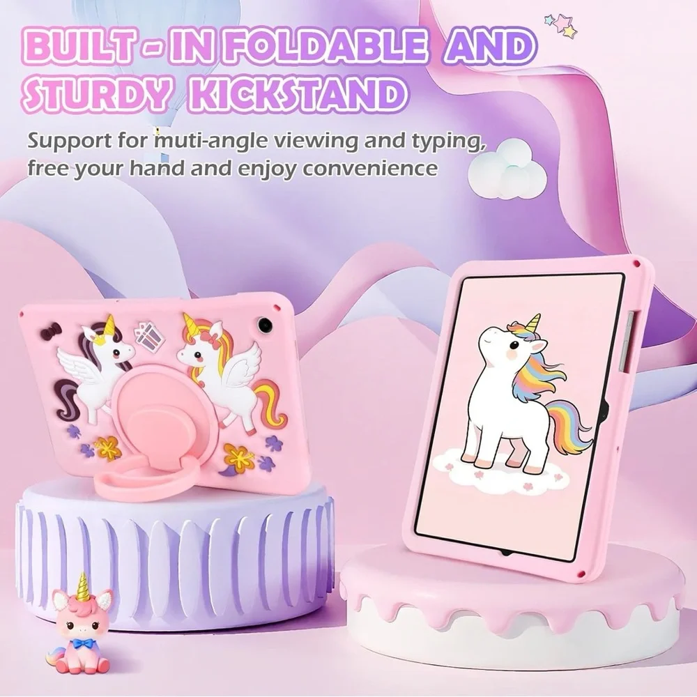 Samsung Galaxy Tab A9 Plus 11 Case Kids Unicorn Silicone Stand Strap Pink
